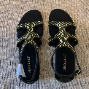 Women’s Aerosoles Sandals, Black with Gold Embellishment, Size 6.5, Brand New!